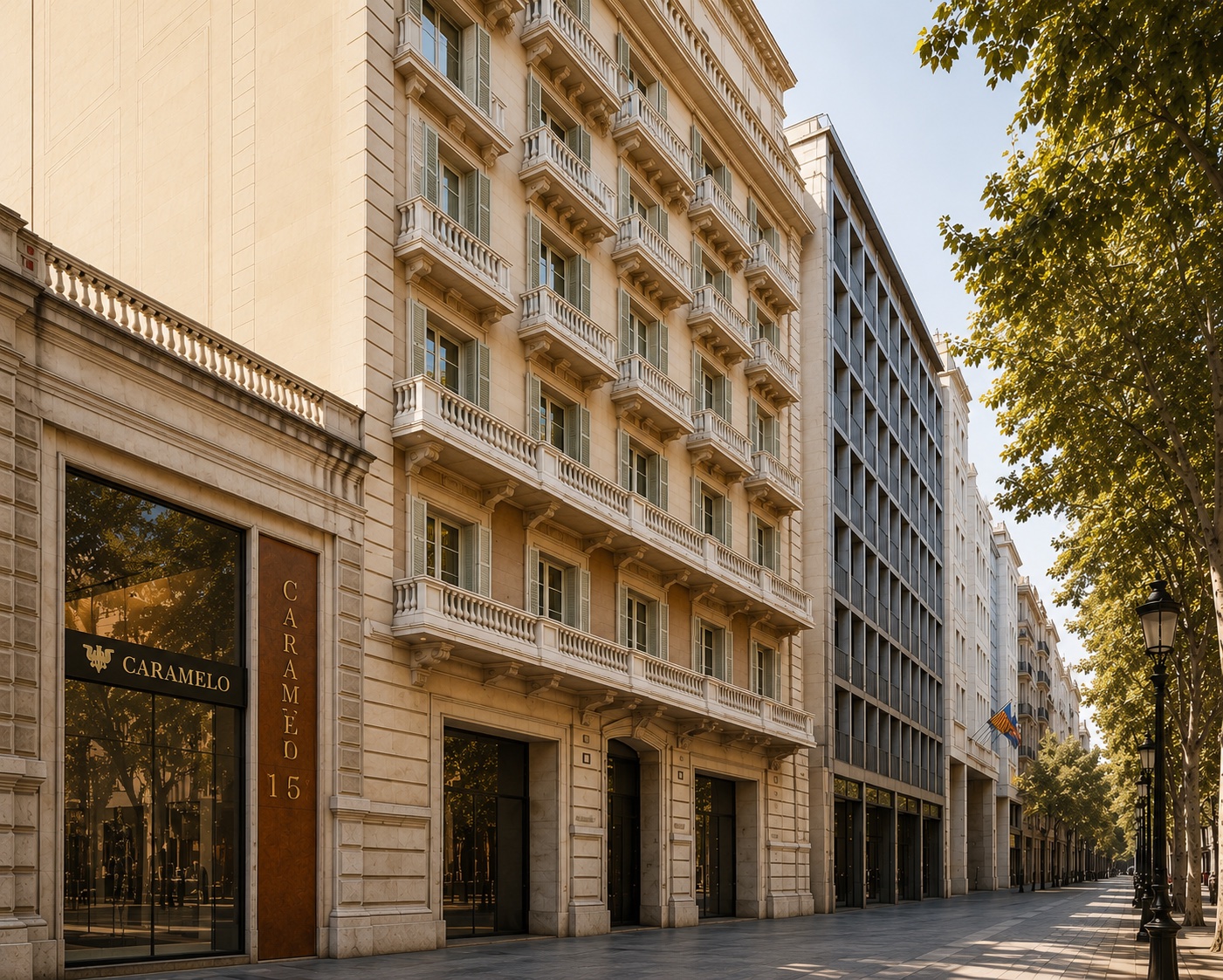 PDG15 façana i balcons al llarg del Passeig de Gràcia a última hora de la tarda