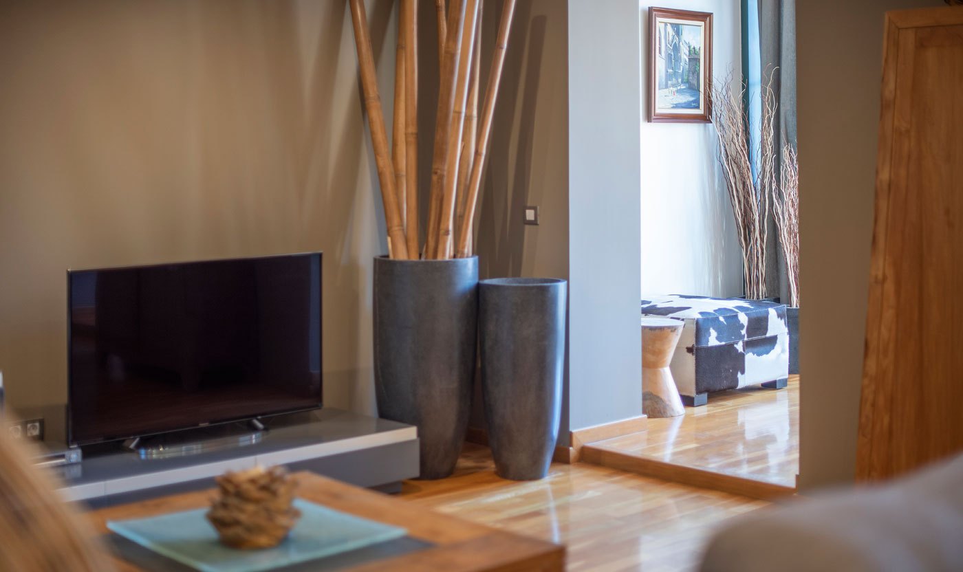 Televisió i detall de decoració de bambú a Suite Soléa